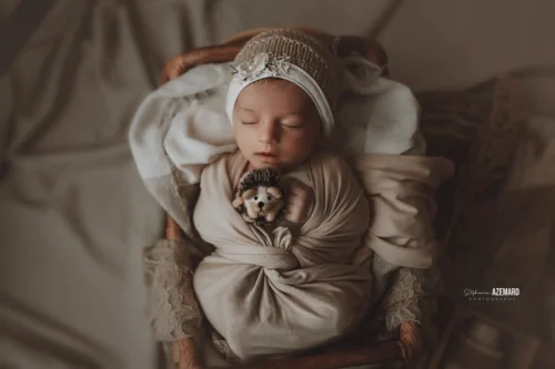 Séance newborn cocooning en studio — Stéphanie Azémard photographe naissance Montpellier Séance photo newborn bébé emmailloté dans un panier osier avec doudou hérisson, photographe naissance Montpellier