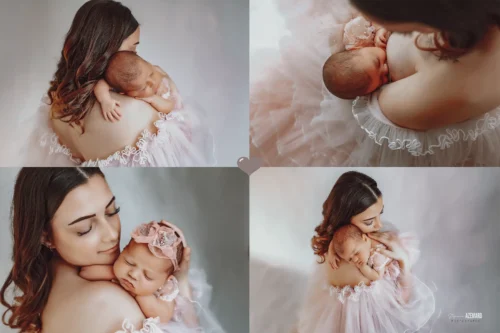 Séance photo naissance newborn réalisée par Stéphanie Azémard, photographe naissance à Montpellier : moments de tendresse et de complicité entre une maman et son bébé en robe rose tulle en studio. Séance photo newborn maman et bébé en studio, moments de tendresse et complicité, robe rose tulle, photographe naissance Montpellier